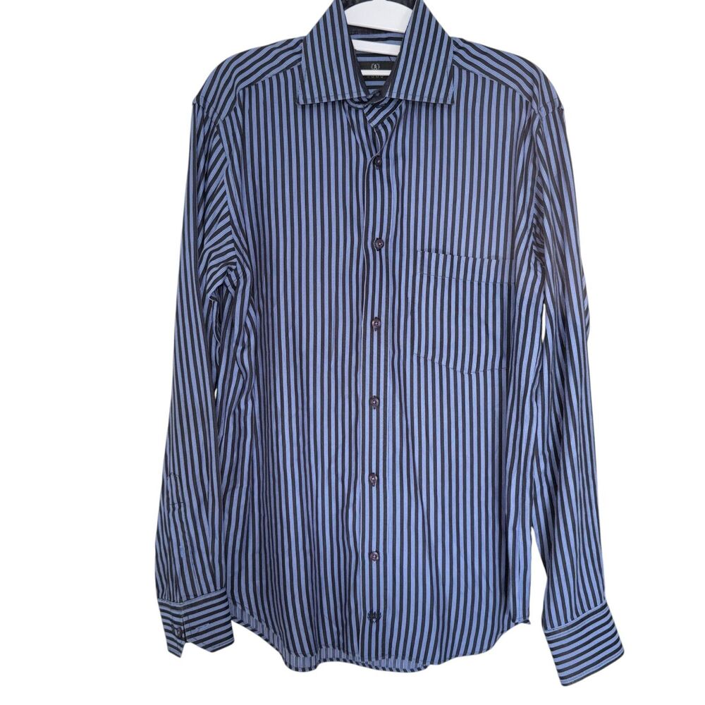 EUC Bugatchi Men's Button-Up Shirt - Blue Striped, Long Sleeve Size M,‎ 100% Ctn